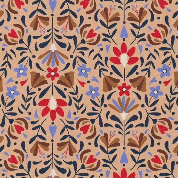 Tissu Coton imprimé Amalia fleurs Rouges et Violettes sur fond Beige nougat - Coupon de 20 cm