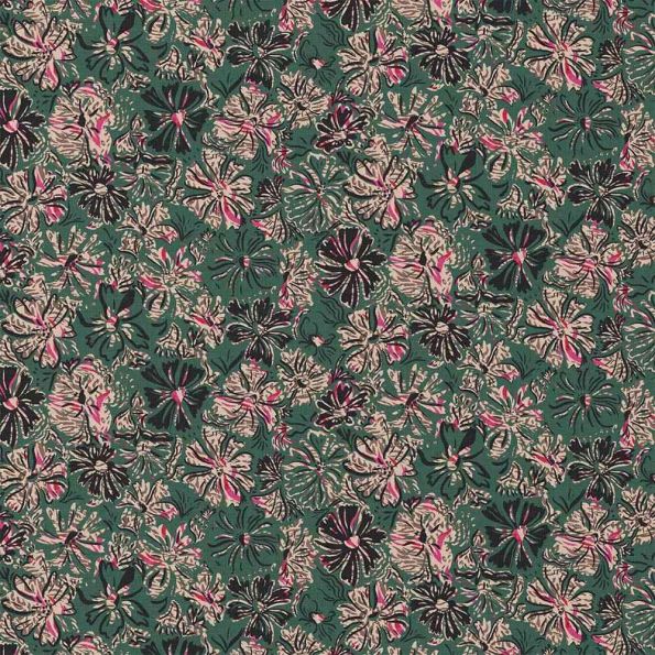 Tissu Coton imprimé Evelina fleurs Fuchsia sur fond Vert foncé - Par 10 cm
