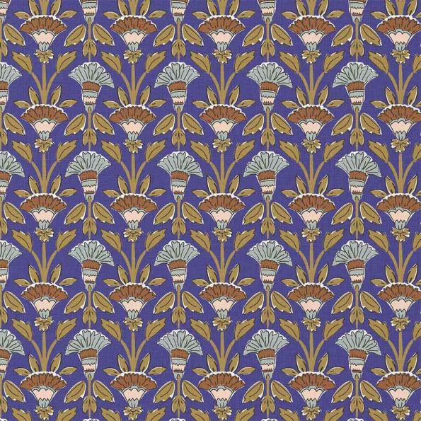 Tissu Coton imprimé Marisa fleurs Ocre sur fond Violet - Par 10 cm