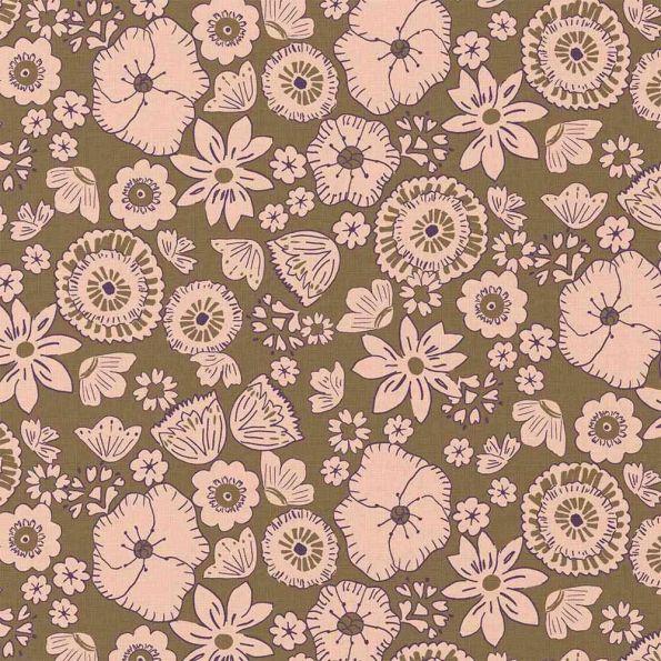Tissu Coton imprimé Lucinda fleurs Rose poudré sur fond Marron noix - Par 10 cm