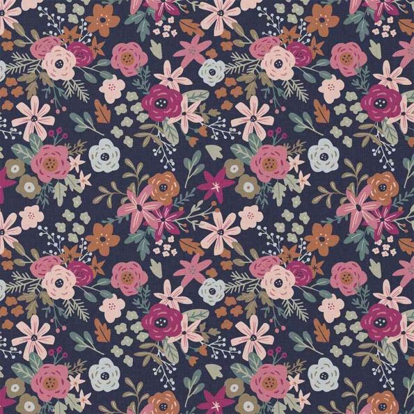 Tissu Coton imprimé Amadora fleurs Roses sur fond Bleu nuit - Par 10 cm