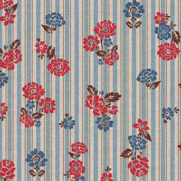 Tissu Toile Canvas Estrella fleurs Rouges sur fond Bleu clair - Par 10 cm