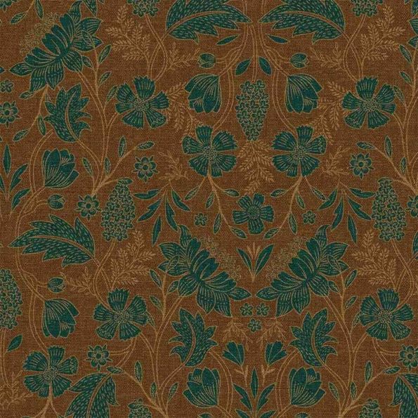 Tissu Toile Canvas Artemisia fleurs et feuilles Vertes sur fond Brun - Par 10 cm