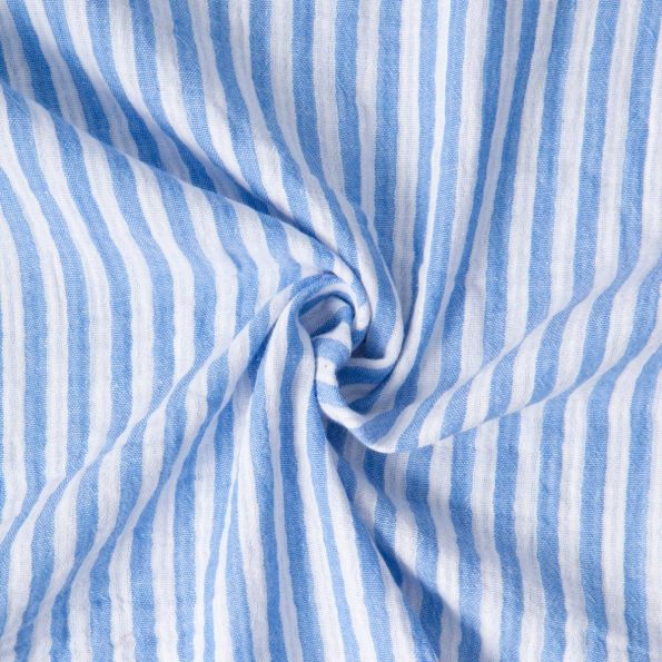 Tissu Double gaze de Coton Gipsy Rayé Bleu ciel sur fond Blanc - Par 10 cm