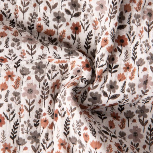 Coupon Tissu Matelassé Double gaze réversible Léonie fleurs Terracotta sur fond Ivoire - Coupon de 100 cm