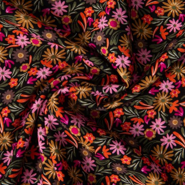 Tissu Viscose imprimé Arty Samfa sur fond Noir - Par 10 cm