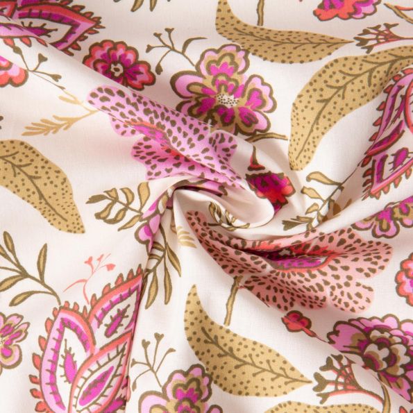 Tissu Coton imprimé Arty Fleuris Khonoa sur fond Ecru - Par 10 cm