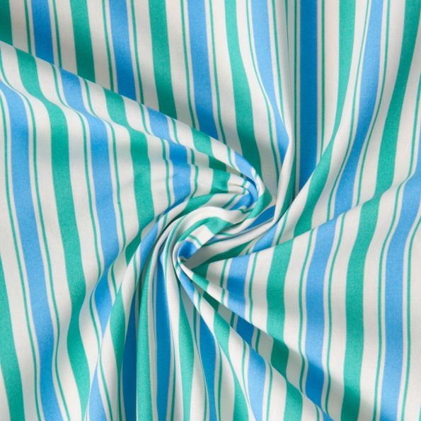 Tissu Coton imprimé Arty Lydia rayures Vert jade et Bleu ciel sur fond Blanc - Par 10 cm