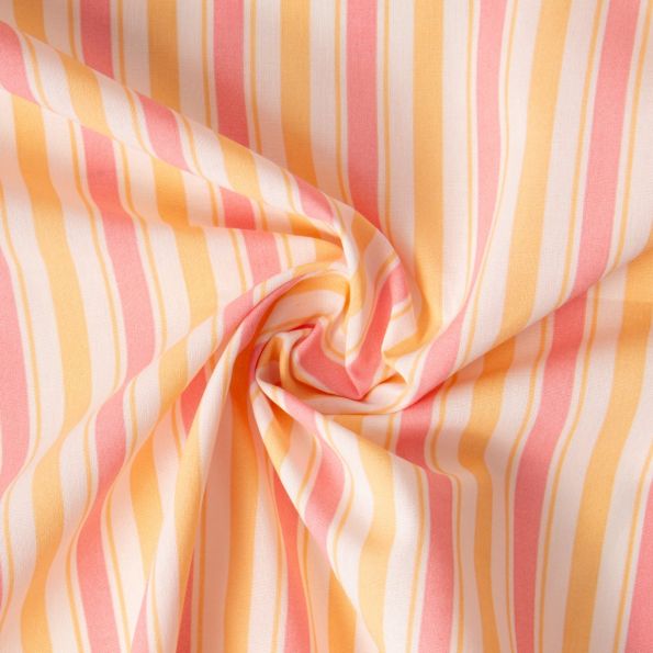 Tissu Coton imprimé Arty Lydia rayures Rose et Orange sur fond Blanc - Par 10 cm