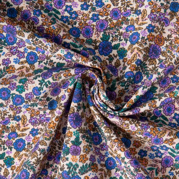 Tissu Coton imprimé Arty Barbara petite fleurs Violet et Camel sur fond Ecru - Par 10 cm