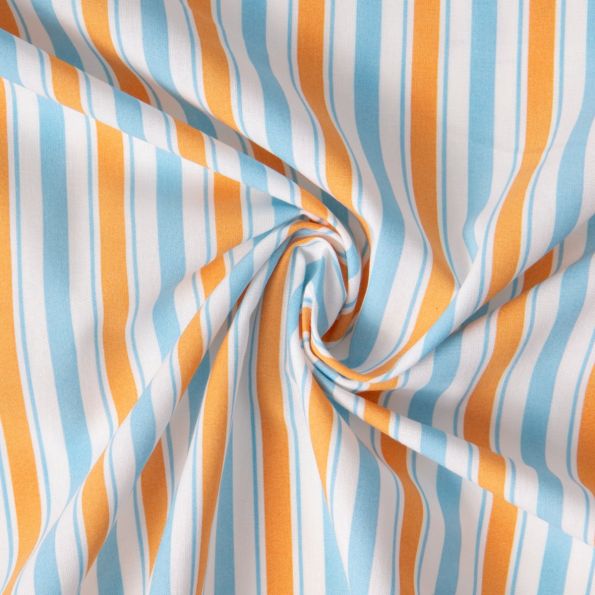 Tissu Coton imprimé Arty Lydia rayures Bleu et Orange sur fond Blanc - Par 10 cm