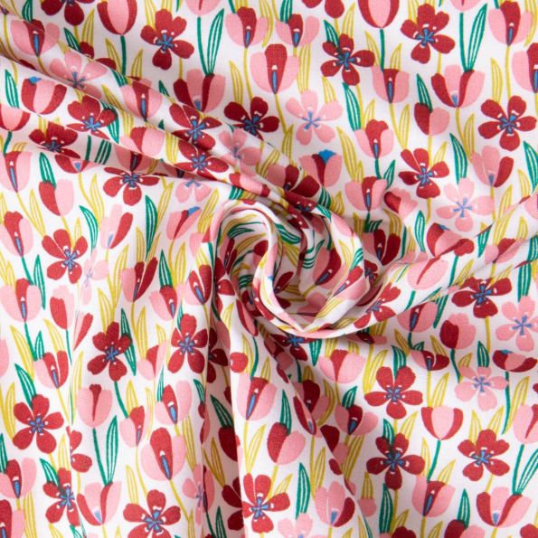 Tissu Coton imprimé Arty Gigi champs fleurs Rose et Marron sur fond Blanc - Par 10 cm