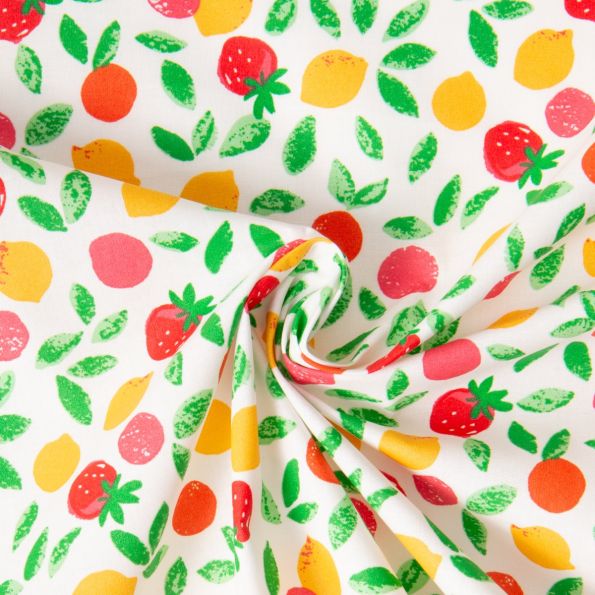 Tissu Coton enduit Navel Fraises, Citrons, Oranges sur fond Blanc - Par 10 cm