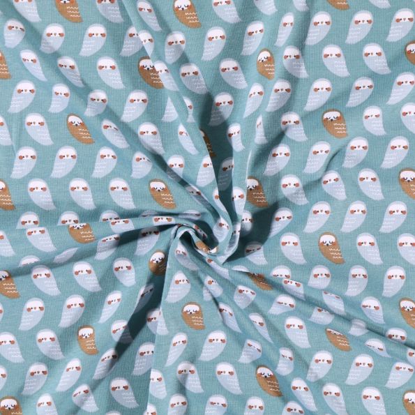 Tissu Jersey Coton imprimé Chouettes Bleu ciel et marron sur fond Bleu - Par 10 cm