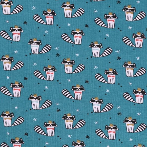 Tissu Jersey Arty Ratons laveurs noirs, blancs et dorés sur fond Canard - Par 10 cm