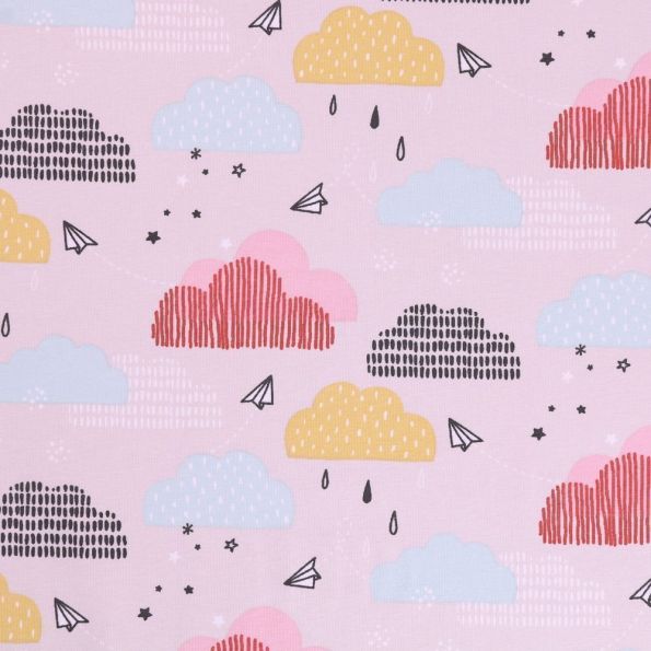 Tissu Jersey Arty Nuages et avions en papier Multicolores sur fond Gris clair - Par 10 cm