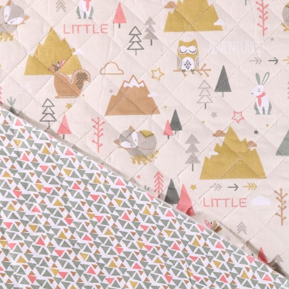 Tissu Matelassé Arty Yellowstone Tamias Marron / Vert sur fond Beige sable - Par 10 cm