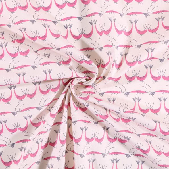 Tissu coton imprimé Arty Crevettes rose sur fond Ecru - Par 10 cm
