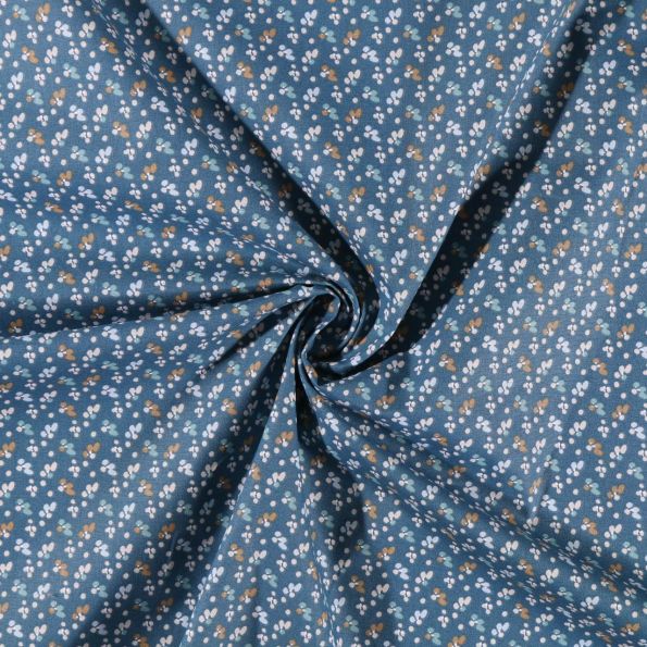 Tissu Coton imprimé Arty Pétales Marrons bleus et beiges sur fond Bleu pétrole - Par 10 cm