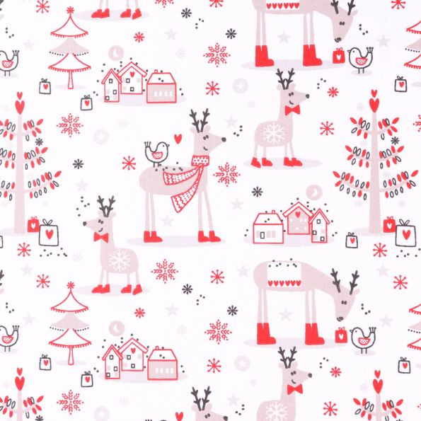 Tissu Coton imprimé Arty Rennes de Noël Rouges et gris sur fond Blanc - Par 10 cm