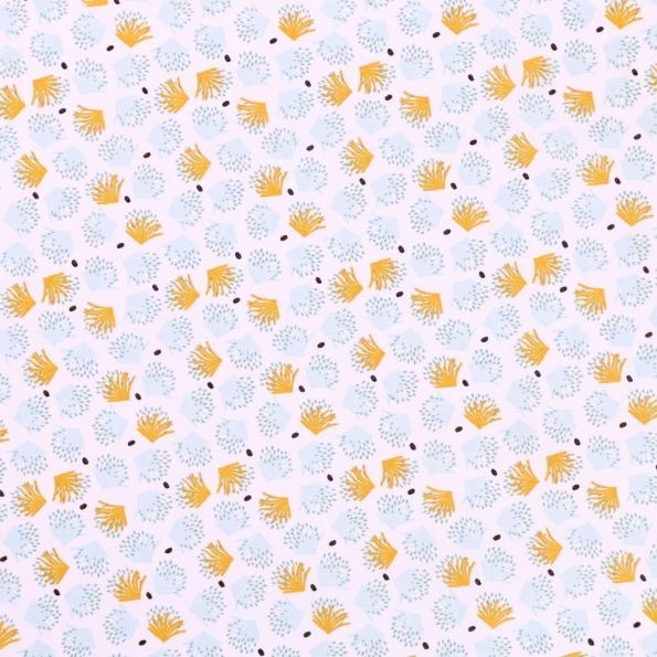 Tissu Coton Imprimé Arty Plantes moutarde et bleues sur fond Blanc - Par 10 cm