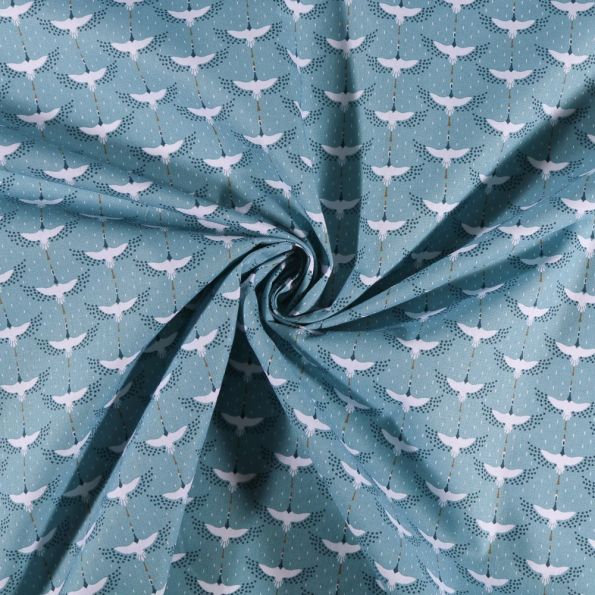 Tissu Coton imprimé Oiseaux blancs et petits pois sur fond Bleu - Par 10 cm