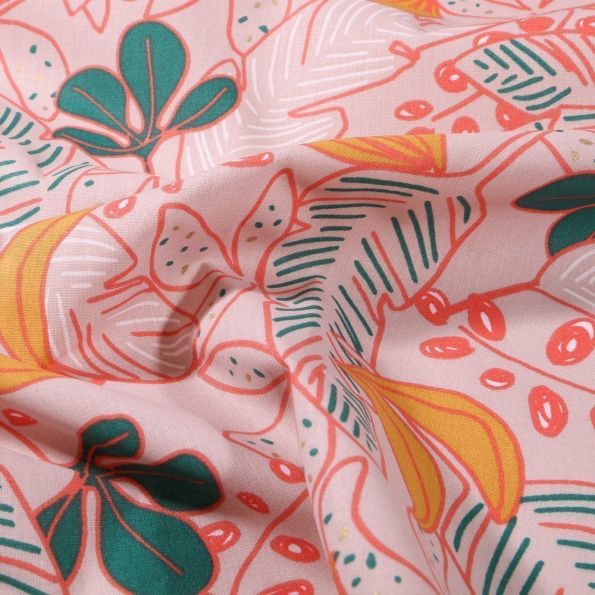 Tissu Coton imprimé Arty Grandes feuilles colorées sur fond Beige sable - Par 10 cm