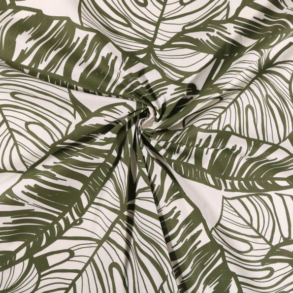 Tissu Coton imprimé Grandes feuilles Kaki sur fond Blanc cassé
