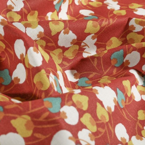 Tissu Coton imprimé Arty Fleurs jaune et pistache sur fond Rouille - Coupon de 3 mètres