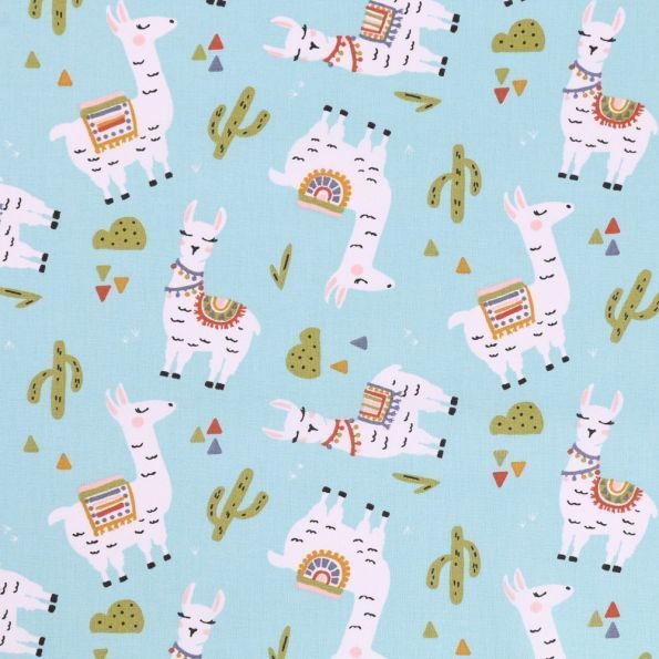 Tissu Coton Imprimé Arty Lamas et cactus Multicolores sur fond Bleu ciel - Par 10 cm