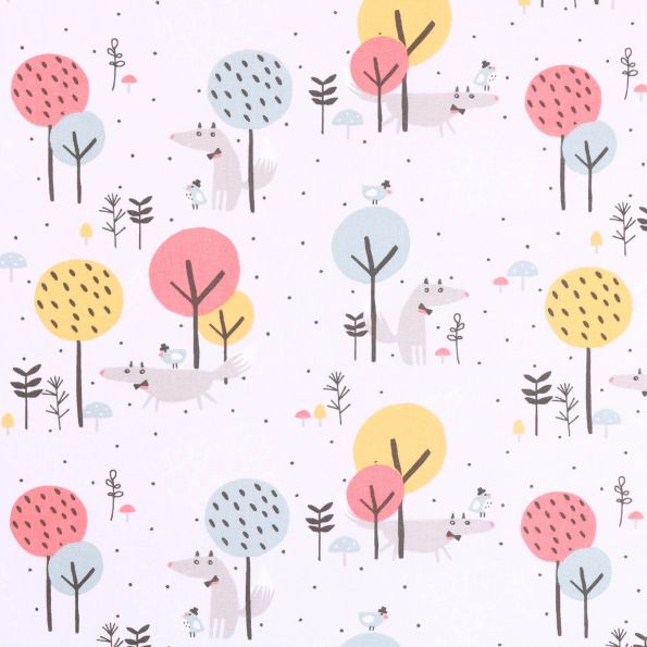 Tissu Coton imprimé Arty Fête des Loups Jaune, rose, celadon et gris sur fond Gris perle - Par 10 cm