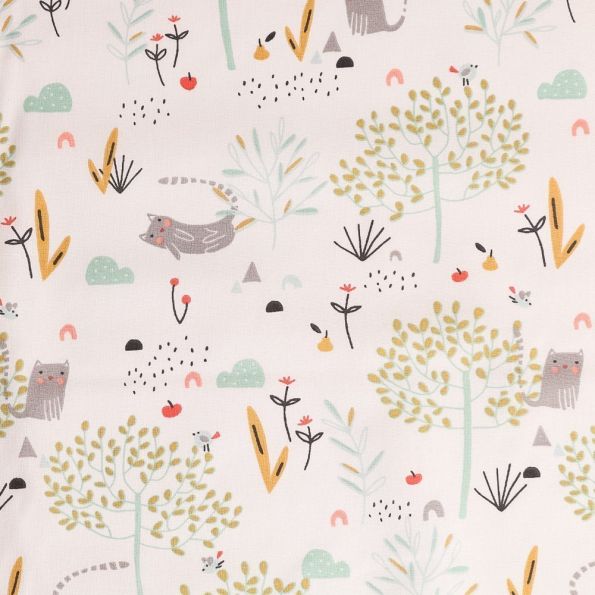 Tissu Coton Imprimé Arty Chats et Nature Vert d'eau, moutarde et gris sur fond Blanc - Par 10 cm