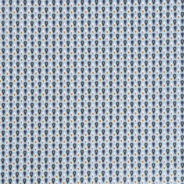 Tissu Coton Imprimé Arty Gouttes Bleues, moutarde et blanches sur fond Bleu ciel - Par 10 cm