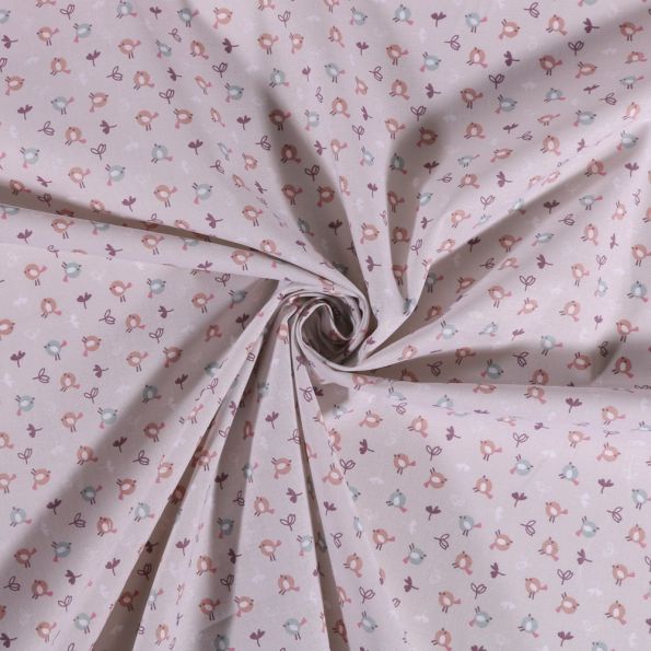 Tissu Coton imprimé Petits oiseaux sur fond Gris - Par 10 cm