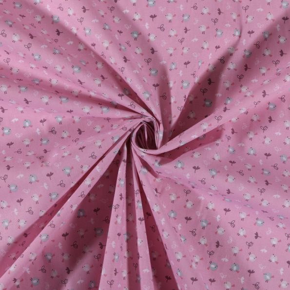 Tissu Coton imprimé Petits oiseaux sur fond Rose - Par 10 cm