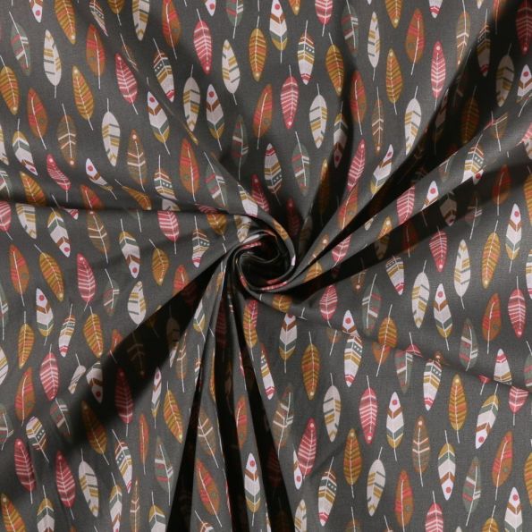 Tissu Coton imprimé Plumes multicolores sur fond Gris - Par 10 cm