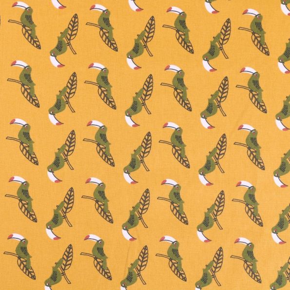 Tissu Coton imprimé Arty Toucans Kaki bordeaux et noirs sur fond Moutarde - coupon de 3 m