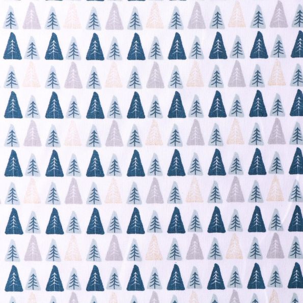 Tissu Coton imprimé pailleté Arty Sapins de Noël Bleu, gris et or sur fond Blanc - Par 10 cm