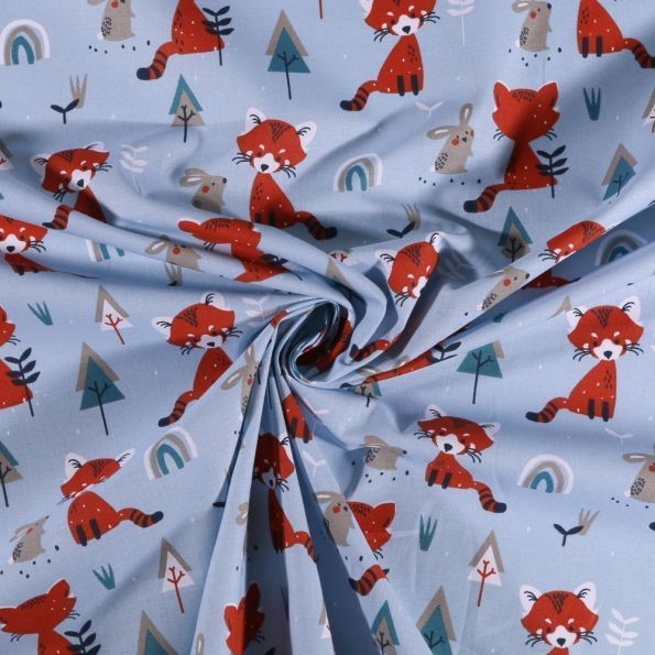 Tissu Coton imprimé Arty Renard et lapins en forêt sur fond Bleu - Par 10 cm