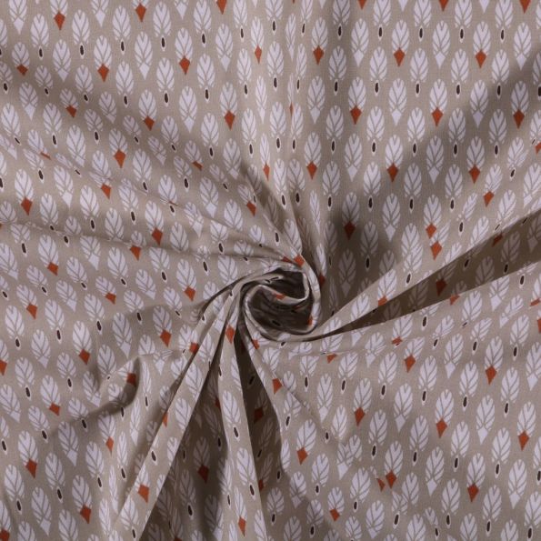 Tissu Coton imprimé Plumes blanches sur fond Beige - Par 10 cm