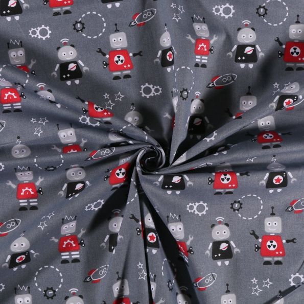 Tissu Coton imprimé Arty Robots de l’espace sur fond Gris - Par 10 cm