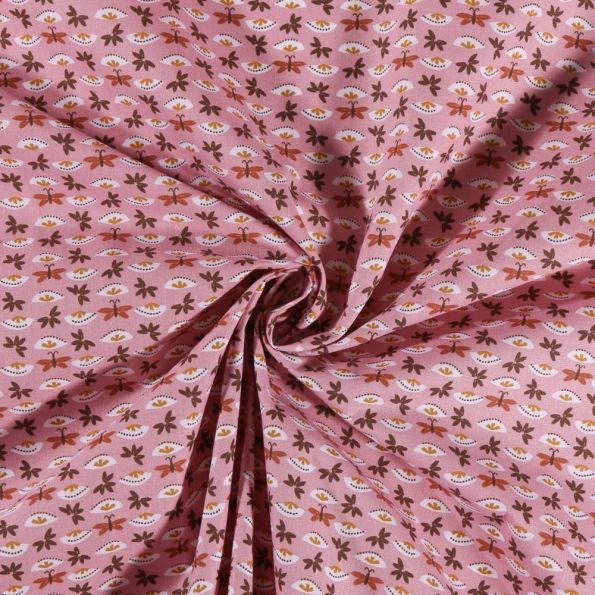 Tissu Coton imprimé Petits papillons et éventails sur fond Rose - Par 10 cm