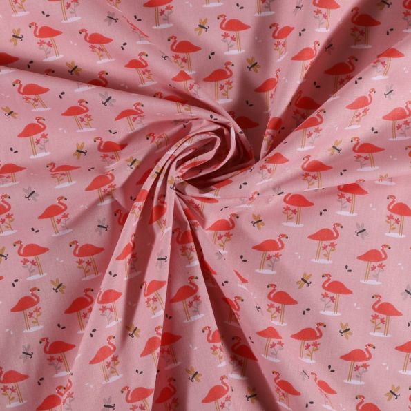 Tissu Coton imprimé Arty Flamants et papillons sur fond Rose - Par 10 cm