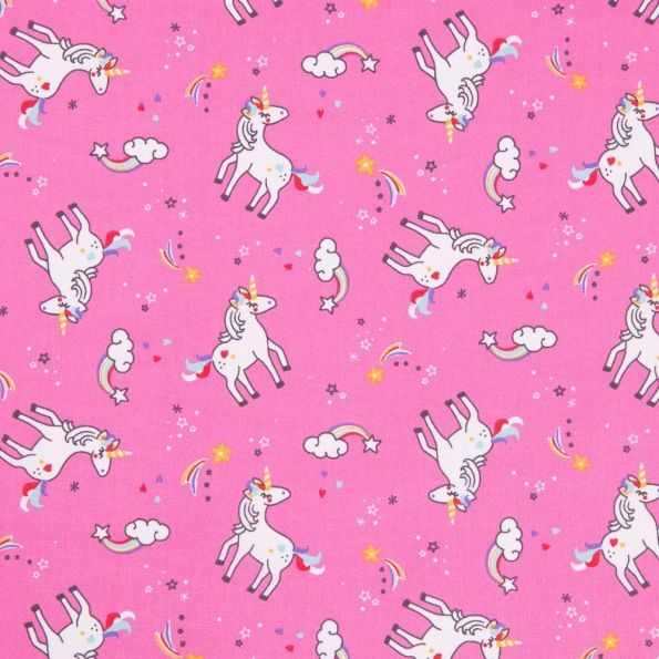 Tissu Coton Imprimé Arty Licornes Blanches et multicolores sur fond Rose - Par 10 cm
