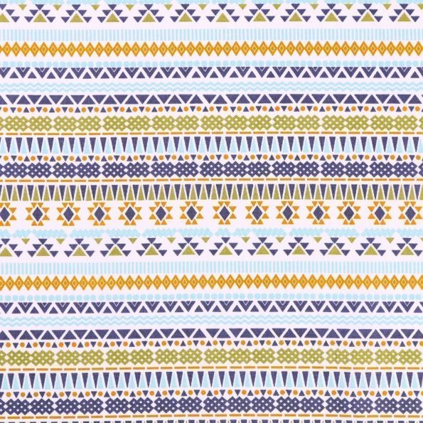 Tissu Coton Imprimé Arty Motifs Ethniques Bleus, verts et moutarde sur fond Blanc - Par 10 cm