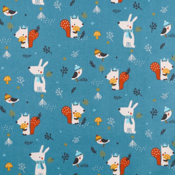 Tissu Coton imprimé Arty Amis des bois Blancs, rouille et ocre sur fond Bleu canard - Par 10 cm