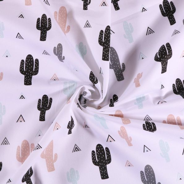 Tissu Toile de coton Arty Cactus noirs et pastels sur fond Blanc - Par 10 cm