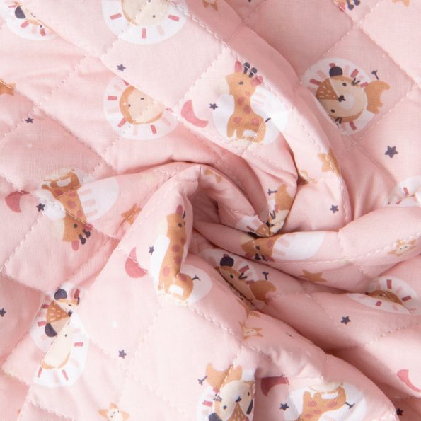 Tissu Matelassé Coton réversible Girafons, Chatons et Oursons sur fond Rose clair - Par 10 cm
