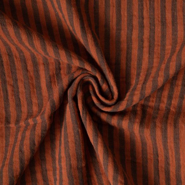 Tissu Double gaze de Coton Gipsy Rayé charbon sur fond Terracotta - Par 10 cm