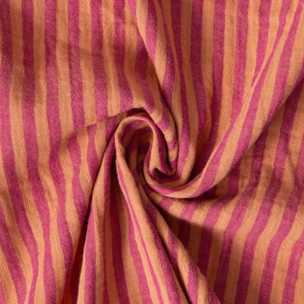 Tissu Double gaze de Coton Gipsy Rayé dahlia sur fond Cassonade - Par 10 cm